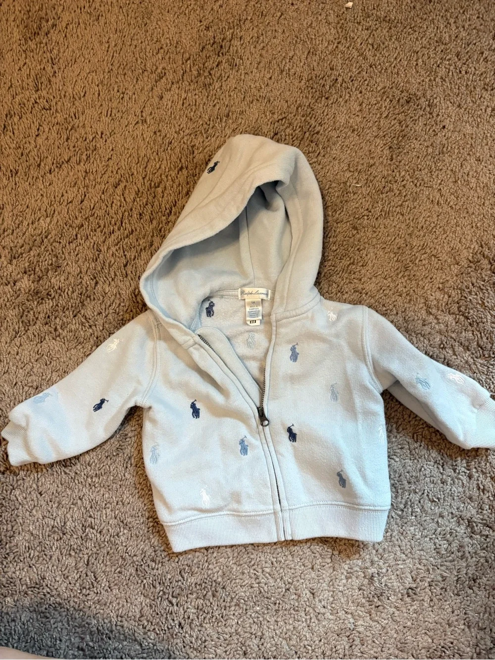 Ralph Lauren Pale Blue Hooded Zip Sweatshirt with Pony Embroidery